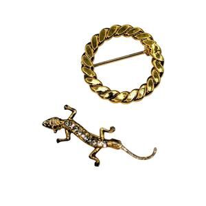 Vintage Gold Tone Rhinestone Lizard & Braided Wreath Brooch Lot